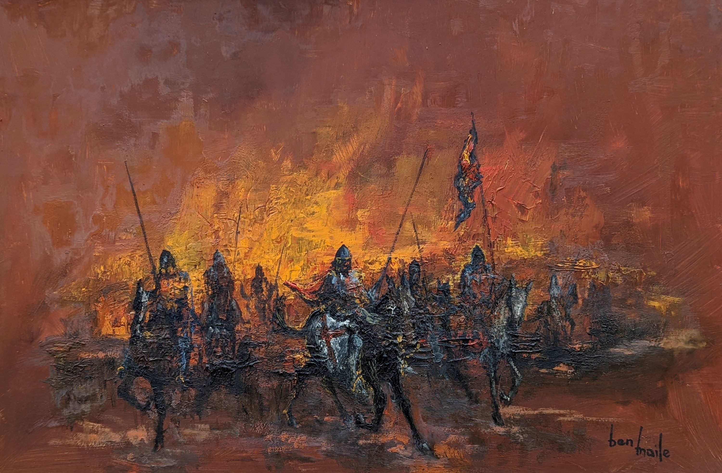 Ben Maile (1922-2017), oil on board, Crusaders on horseback, signed, 60 x 90cm